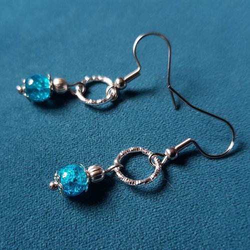 Boucle d'oreille perles en verre bleu, crochet en métal acier inoxydable argenté
