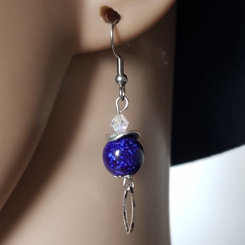 Boucle d'oreille perles en verre bleu foncé, transparente, crochet en métal acier inoxydable argenté