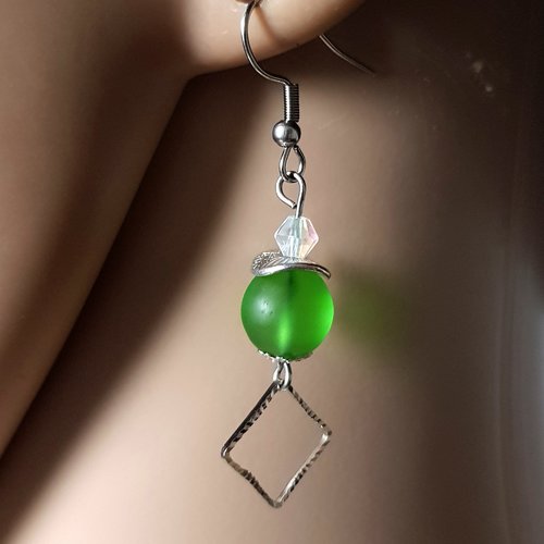 Boucle d'oreille perles en verre verte givré, transparente, crochet en métal acier inoxydable argenté