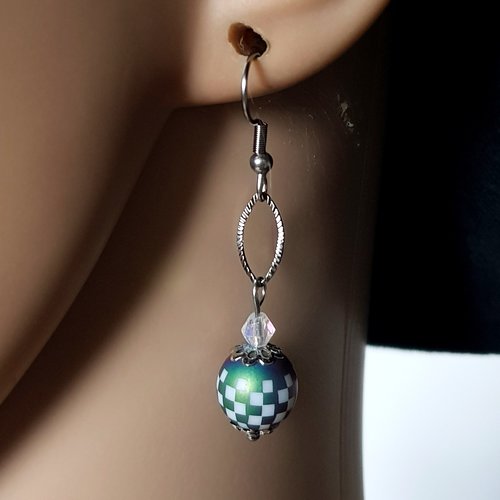 Boucle d'oreille perles en verre multicolore, transparente, crochet en métal acier inoxydable argenté