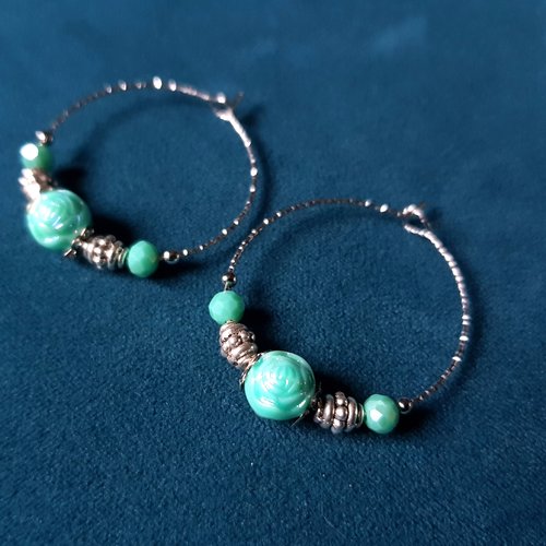 Boucle d'oreille créole fleurs en acrylique vert d'eau, métal acier inoxydable argenté