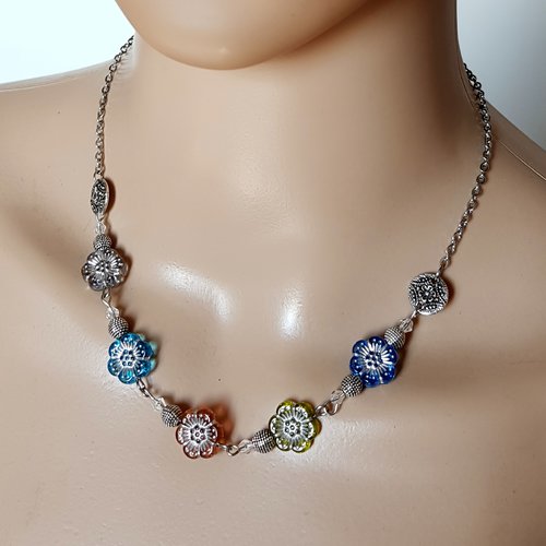 Collier grosses perles fleurs acrylique multicolore, argenté, chaîne en acier inoxydable argenté