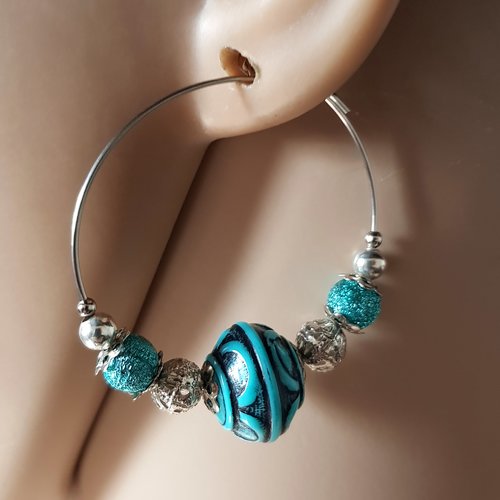 Boucle d'oreille créole grosses perles en acrylique bleu, métal acier inoxydable argenté