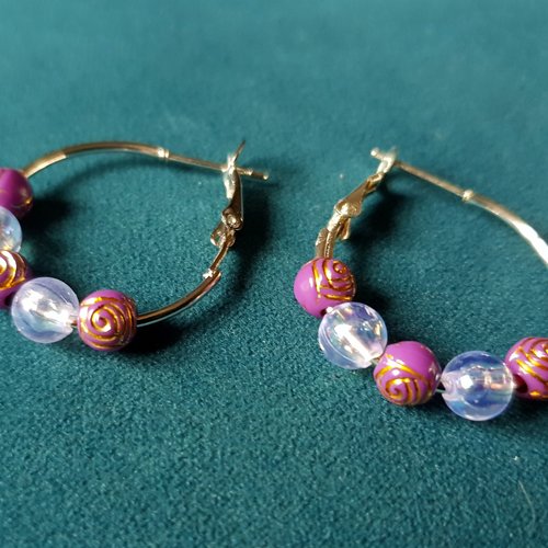 Boucle d'oreille créole, perles en acrylique fleurs violet, transparent crochet en métal acier inoxydable argenté