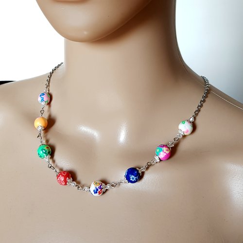 Collier perles acrylique multicolore, fermoir, chaîne en acier inoxydable argenté
