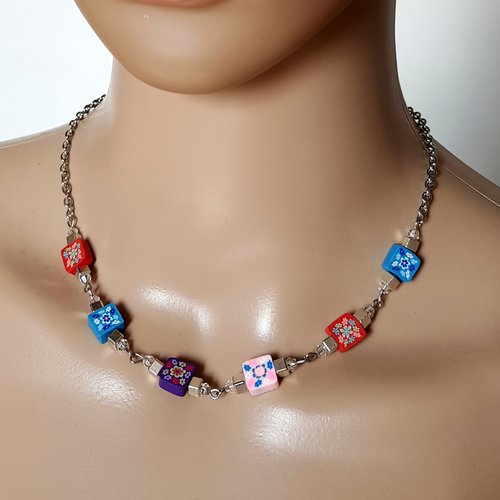 Collier perles acrylique carré multicolore, fermoir, chaîne en acier inoxydable argenté