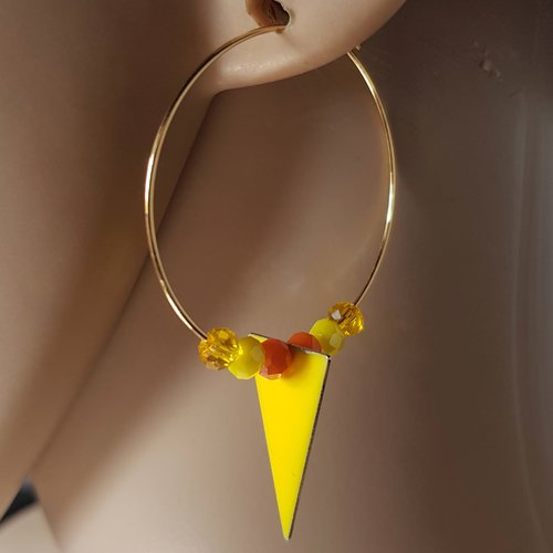 Boucle d'oreille créole, émail triangle jaune, métal acier inoxydable doré