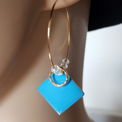 Boucle d'oreille créole papillon, émail carré bleu, métal acier inoxydable doré
