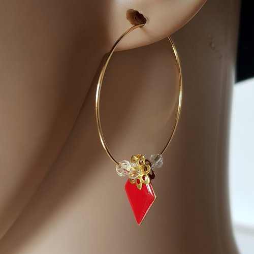 Boucle d'oreille créole, émail losange rouge, métal acier inoxydable doré