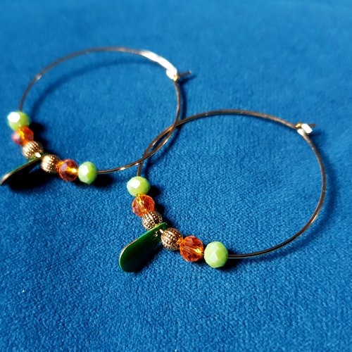 Boucle d'oreille créole, émail goutte vert, métal acier inoxydable doré