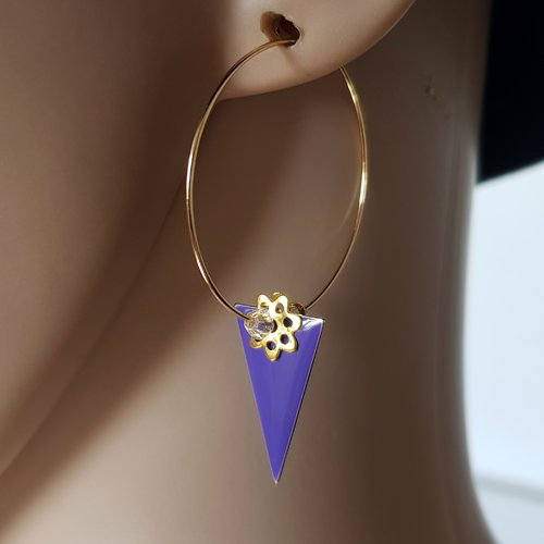 Boucle d'oreille créole, émail triangle violet, métal acier inoxydable doré