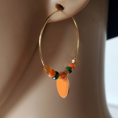 Boucle d'oreille créole, émail ovale orange, métal acier inoxydable doré