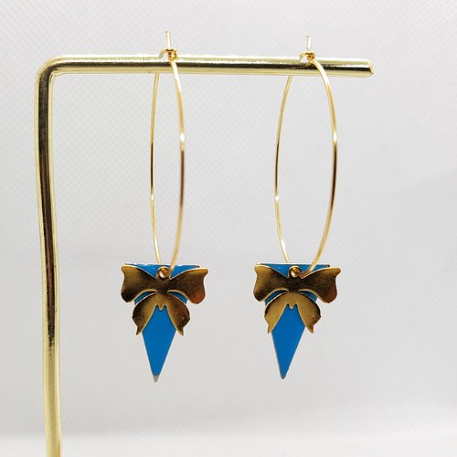 Boucle d'oreille créole, émail triangle bleu, métal acier inoxydable doré