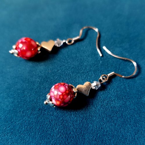 Boucle d'oreille cœur, perles en acrylique rouge, rose fuchsia, transparente, crochet en métal acier inoxydable argenté