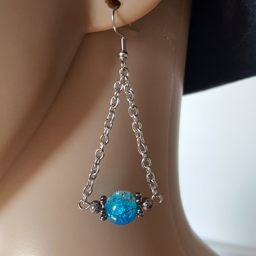Boucle d'oreille chaîne, perles en verre bleu, transparent, noir crochets en métal acier inoxydable argenté