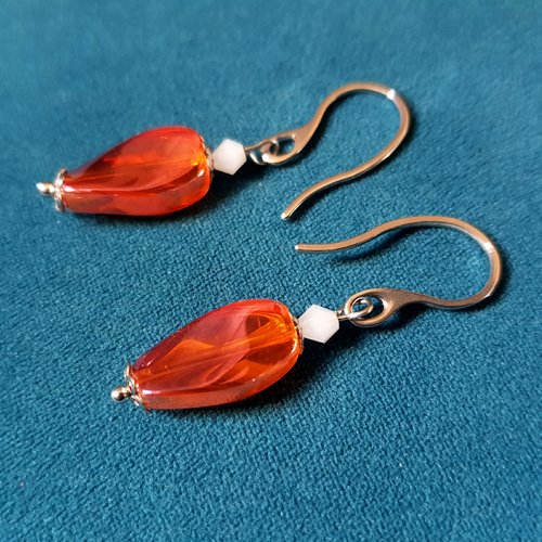 Boucle d'oreille perles en verre orange transparent, blanc, crochets en métal acier inoxydable argenté