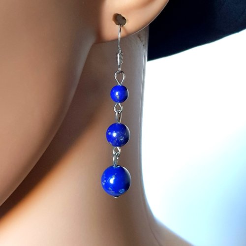 Boucle d'oreille chaîne, perles en verre bleu nuit, crochets en métal argenté