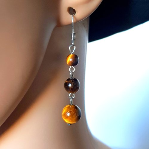 Boucle d'oreille chaîne, perles en verre marron, beige, crochets en métal argenté
