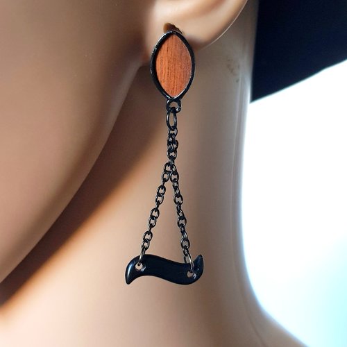 Boucle d'oreille connecteurs noir, chaîne, crochet en métal noir et marron imitation bois