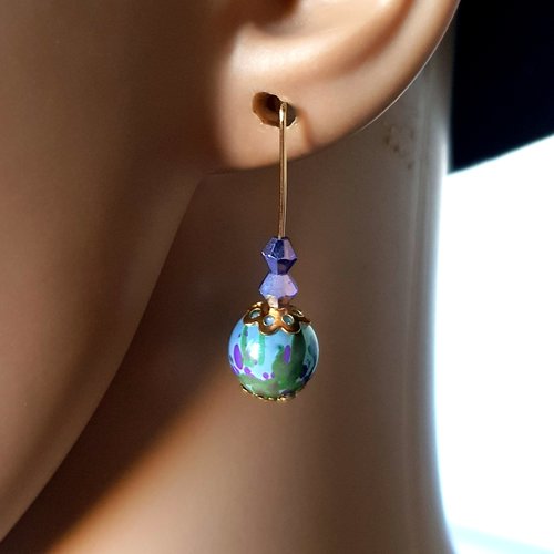 Boucle d'oreille perles en verre vert, violet, bleu gris,, coupelles, crochet tige en métal acier inoxydable doré