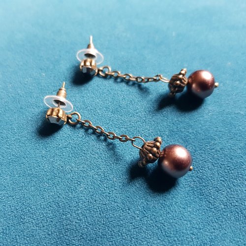 Boucle d'oreille perles en verre marron, strass en verre, chaîne, crochet puce en métal bronze
