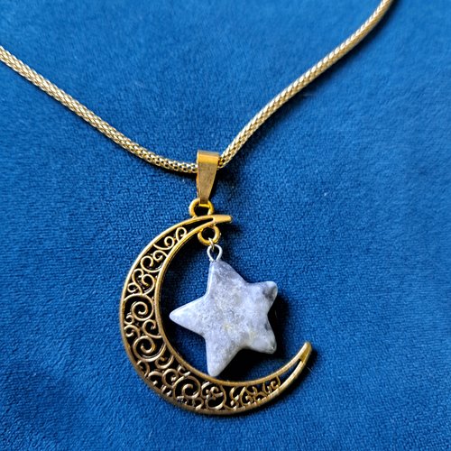 Collier mi long, pendentif demi lune ajouré, étoile en verre beige, gris marbré, chaîne  ronde en métal doré acier inoxydable