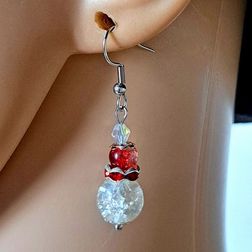 Boucle d'oreille perles en verre rouge et transparente, crochet en métal acier inoxydable argenté