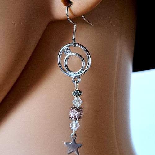 Boucle d'oreille étoile, perles, cercle avec strass, crochet en métal acier inoxydable argenté