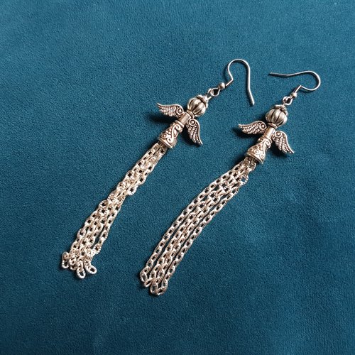 Boucle d'oreille ange, perles, chaîne, crochet en métal acier inoxydable argenté