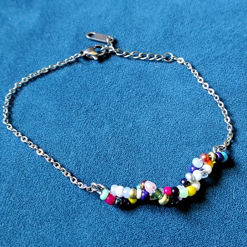 Bracelet perles en verre multicolore, chaîne, fermoir en métal acier inoxydable argenté