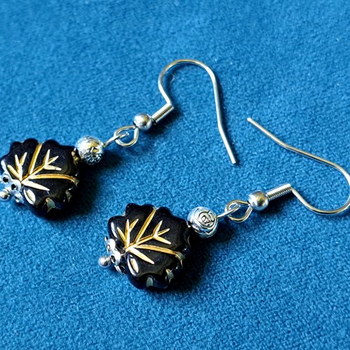 Boucle d'oreille perles feuille acrylique noire, doré, crochets en métal acier inoxydable argenté