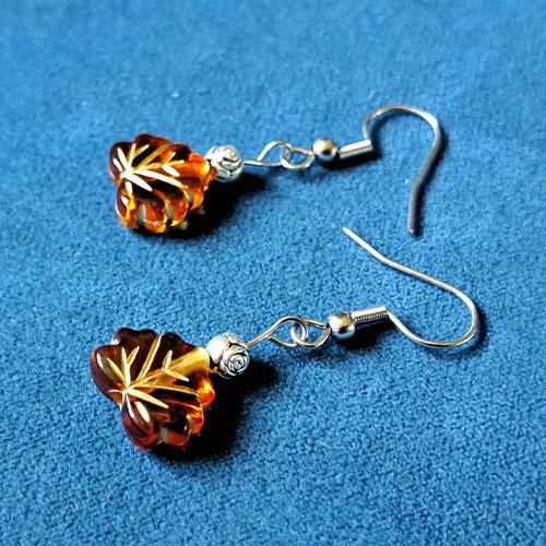 Boucle d'oreille perles feuille acrylique bronze orangé, doré, crochets en métal acier inoxydable argenté