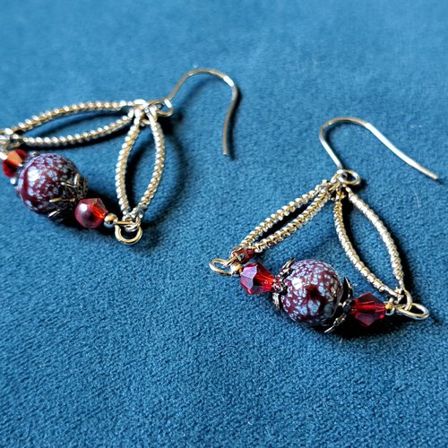 Boucle d'oreille perles en verre bordeaux, bleu, rouge, crochets en métal acier inoxydable argenté