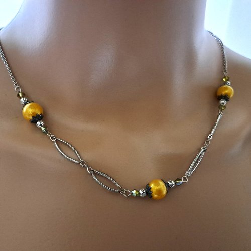 Collier connecteurs ovale, perles en verre jaune, fermoir, chaîne en acier inoxydable argenté