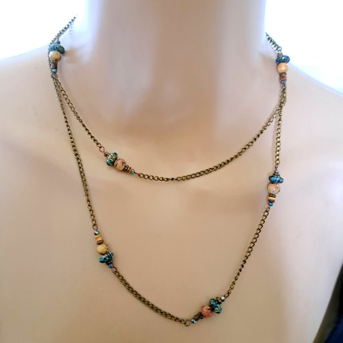 Sautoirs, collier perles en verre beige, bleu, fermoir, chaîne en métal bronze
