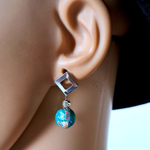 Boucle d'oreille perles en acrylique vert, multicolore, crochets puce carré en métal acier inoxydable argenté