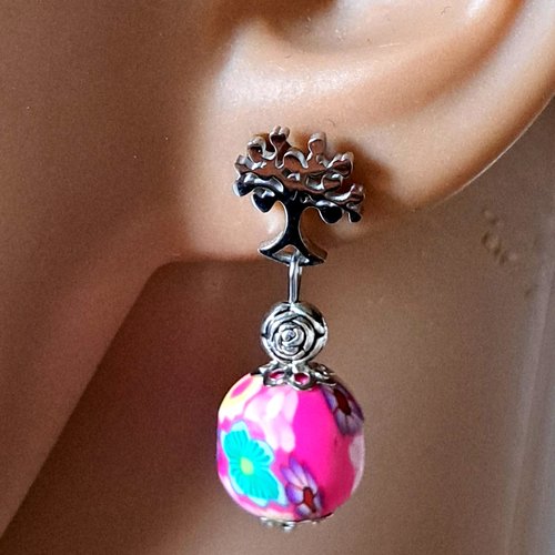 Boucle d'oreille perles en acrylique rose, multicolore, crochets puce arbre en métal acier inoxydable argenté