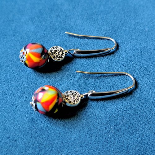 Boucle d'oreille perles en acrylique rouge, jaune, noir, bleu, crochets en métal acier inoxydable argenté