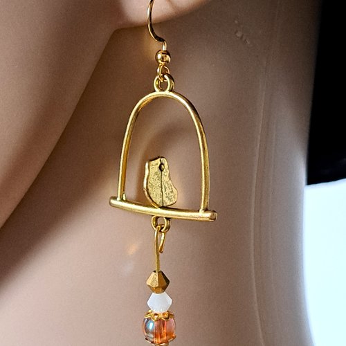 Boucle d'oreille oiseaux, perles en verre orange transparente, blanche, crochet en métal acier inoxydable doré ancien