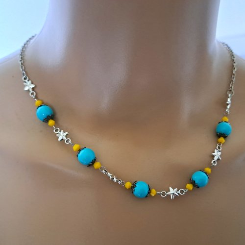 Collier étoile, perles en verre jaune, acrylique bleu, fermoir, chaîne en acier inoxydable argenté