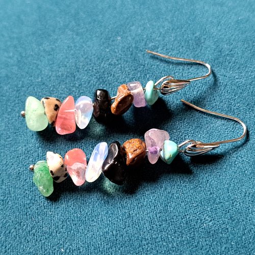 Boucle d'oreille perles en pierre multicolore, crochets en métal acier inoxydable argenté