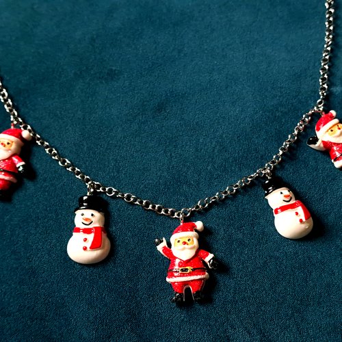 Collier père noël, bonhomme de neige en acrylique rouge, blanc, noir fermoir, chaîne en acier inoxydable argenté