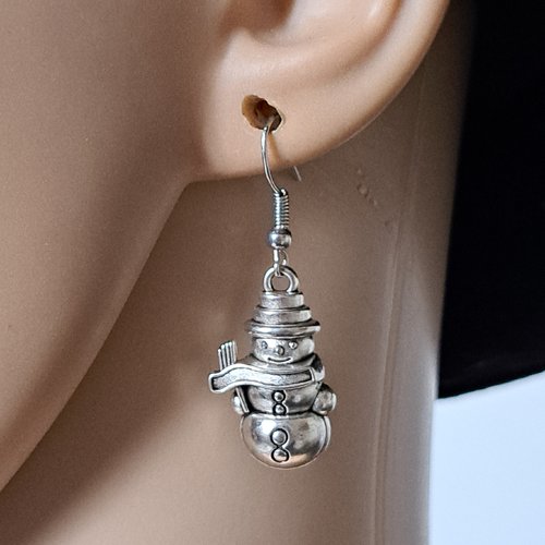 Boucle d'oreille bonhomme de neige, crochets en métal acier inoxydable argenté