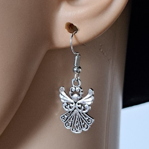 Boucle d'oreille ange, crochets en métal acier inoxydable argenté