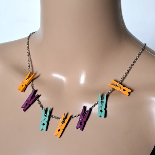 Collier épingle en bois orange, violet, verte, fermoir, chaîne en acier inoxydable argenté