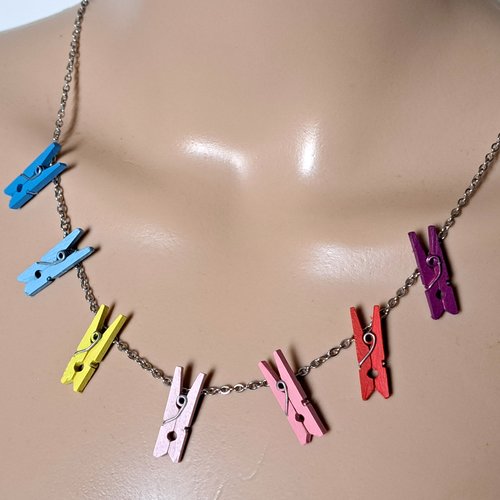 Collier épingle en bois bleu, violet, verte, rouge, rose, fermoir, chaîne en acier inoxydable argenté
