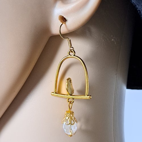 Boucle d'oreille oiseaux, perles en verre transparent, crochet en métal acier inoxydable doré ancien