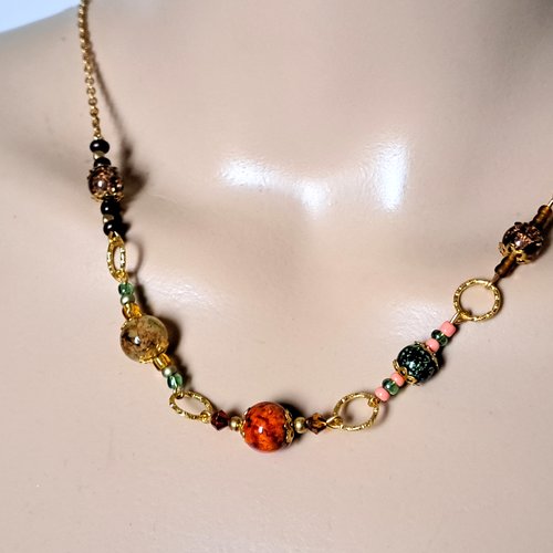 Collier pendentif perles en verre, connecteur rond, chaîne en métal acier inoxydable doré