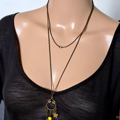 Sautoirs, collier papillon, oiseaux, perles en acrylique, bleu à fleurs, jaune, chaîne en métal bronze