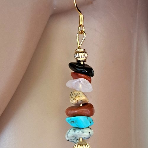 Boucle d'oreille perles en pierre multicolore, crochets en métal acier inoxydable doré